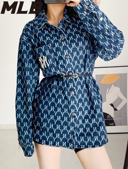 MLB 엠엘비 남녀공용 모노그램 올오버 프린트 데님셔츠