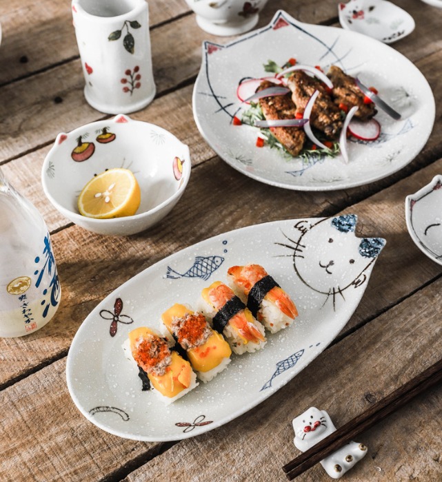 일본풍 고양이모양 원형접시 6종 캐릭터그릇 내열도자기